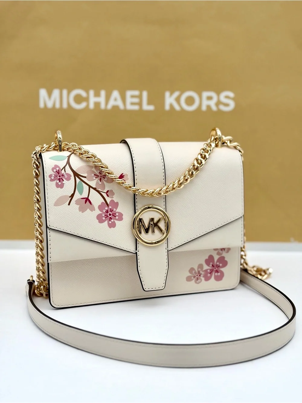 Michael Kors Greenwich SM Flap Shoulder Crossbody Bag Light Cream Multi
